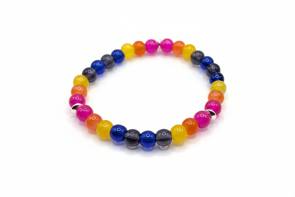 Dwarf Kingfisher glass bead bracelet with pink yellow blue gray orange tone beads handmade by Crafty Queens