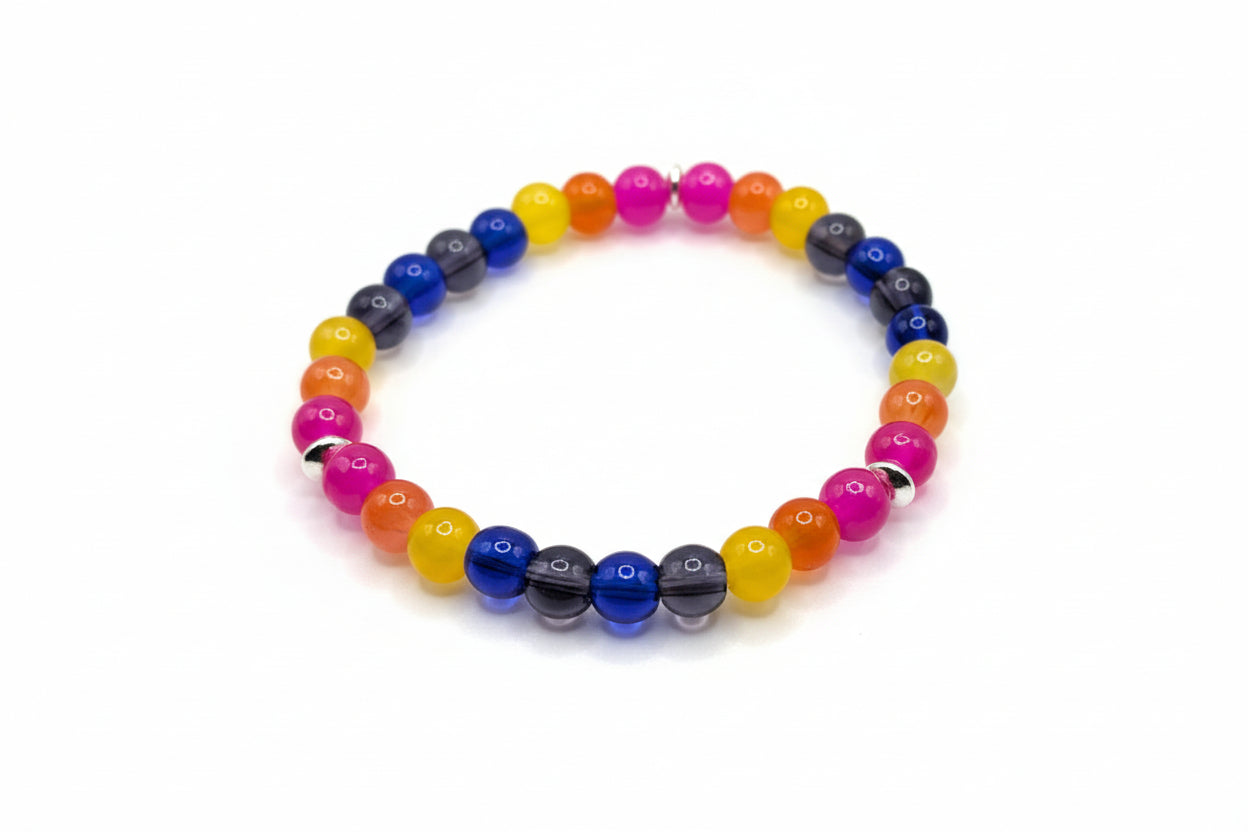 Dwarf Kingfisher glass bead bracelet with pink yellow blue gray orange tone beads handmade by Crafty Queens