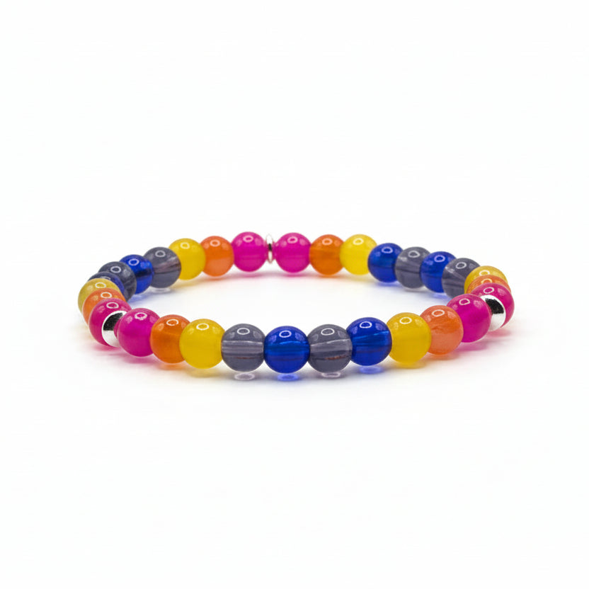 Dwarf Kingfisher glass bead bracelet with pink yellow blue gray orange tone beads handmade by Crafty Queens