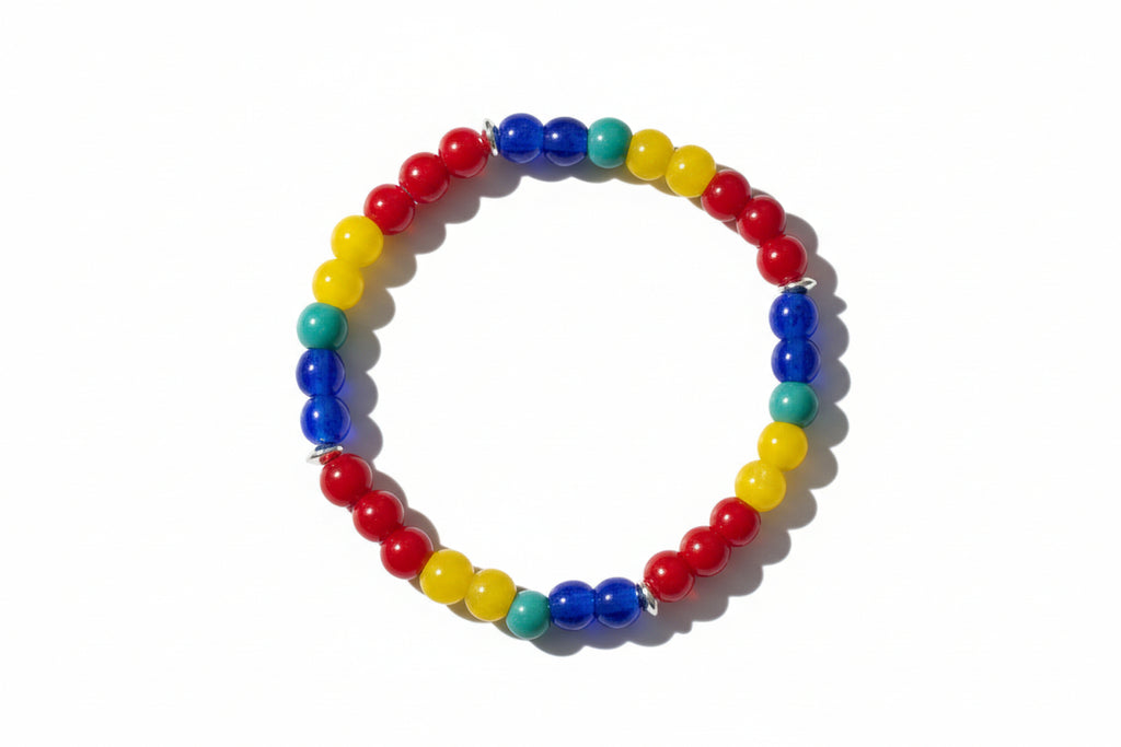 Scarlet Macaw glass bead bracelet with red blue yellow green beads handmade by Crafty Queens