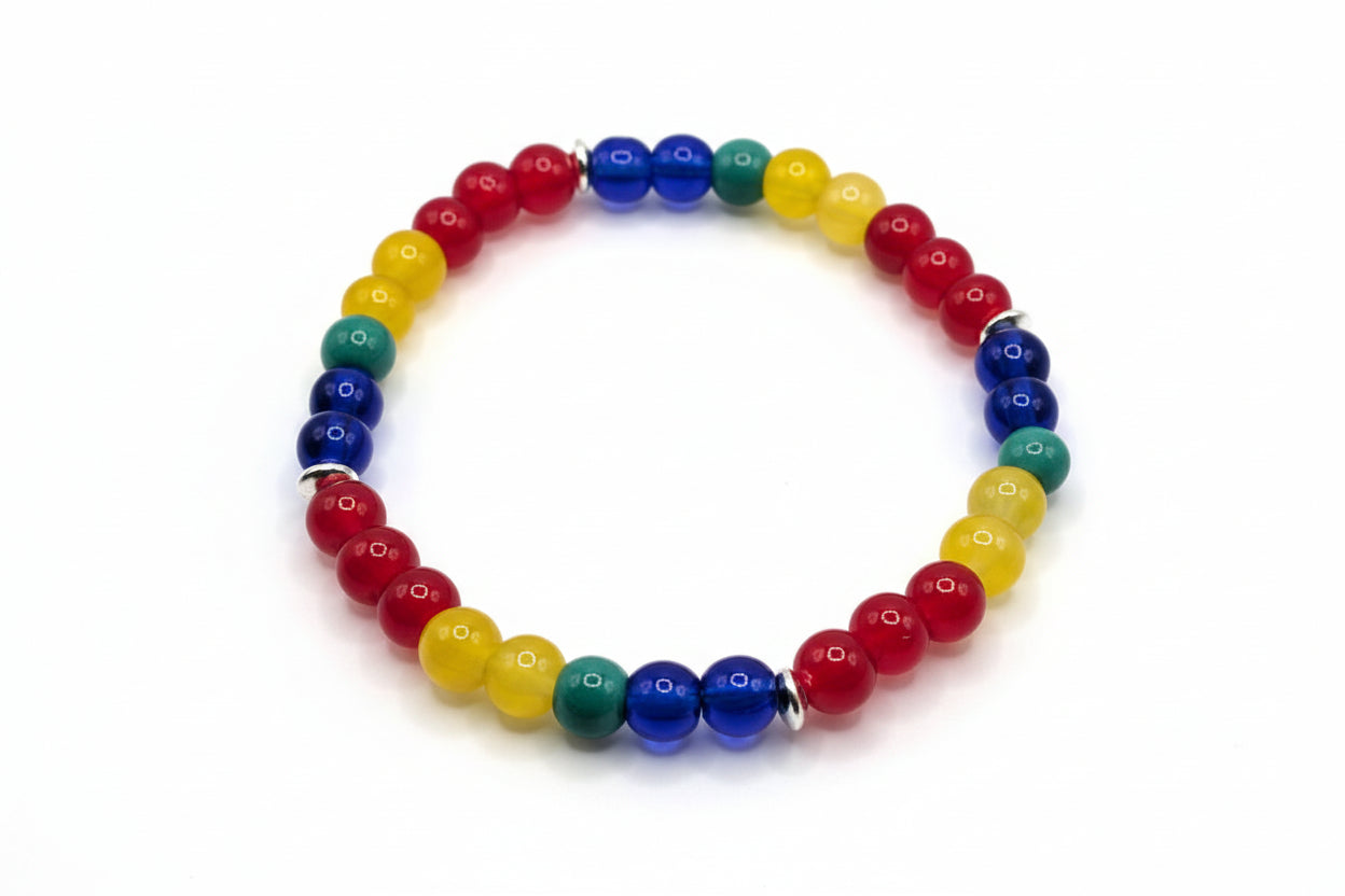 Scarlet Macaw glass bead bracelet with red blue yellow green beads handmade by Crafty Queens