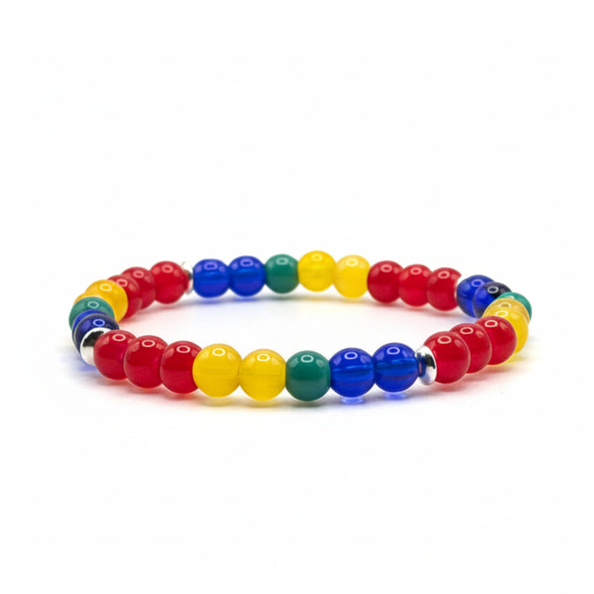Scarlet Macaw glass bead bracelet with red blue yellow green beads handmade by Crafty Queens