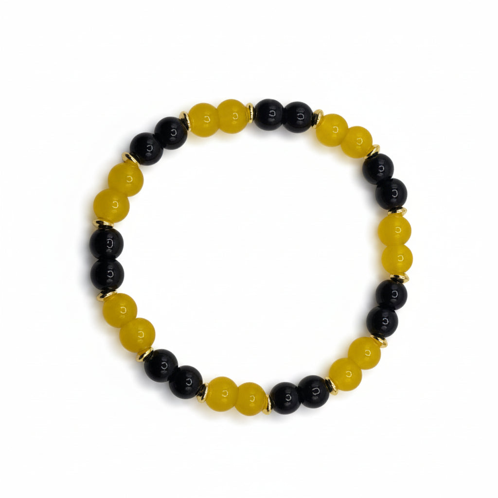Sweet Honeybee glass bead bracelet with yellow and black beads handmade by Crafty Queens