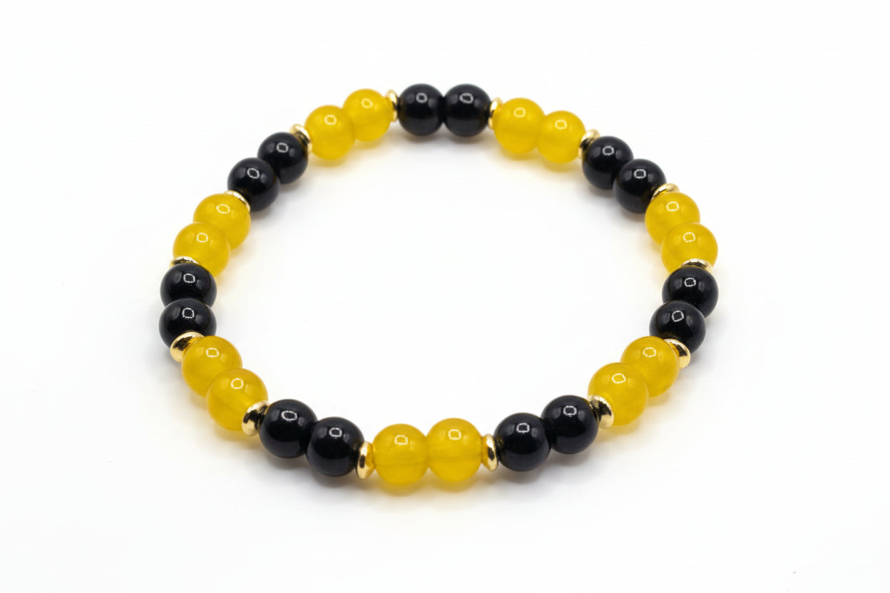 Sweet Honeybee glass bead bracelet with yellow and black beads handmade by Crafty Queens