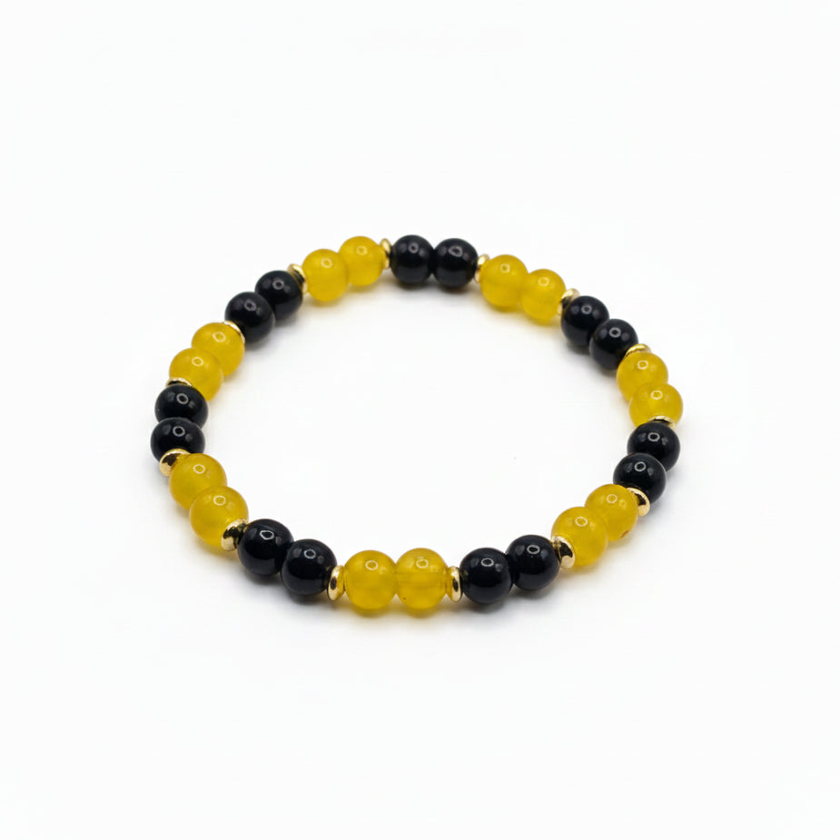 Sweet Honeybee glass bead bracelet with yellow and black beads handmade by Crafty Queens