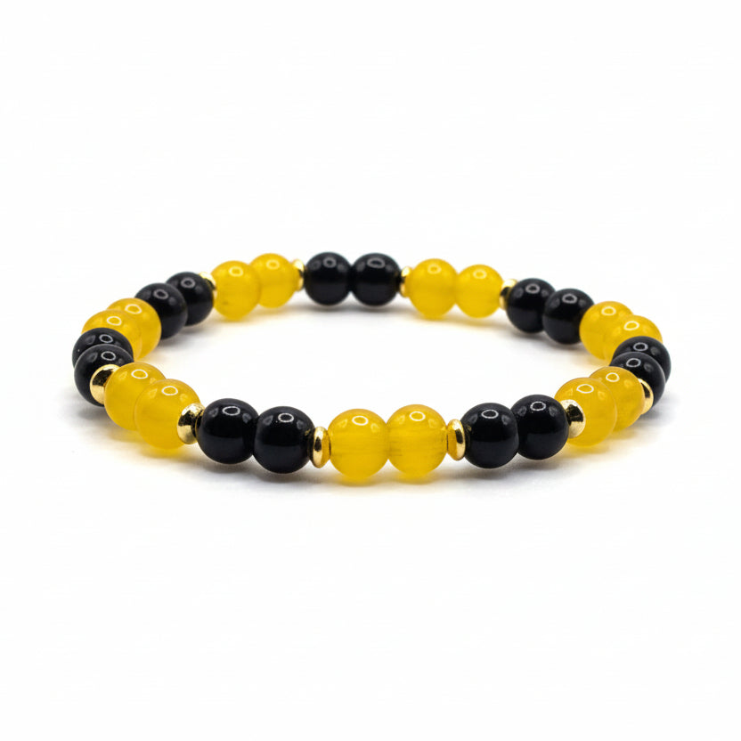 Sweet Honeybee glass bead bracelet with yellow and black beads handmade by Crafty Queens