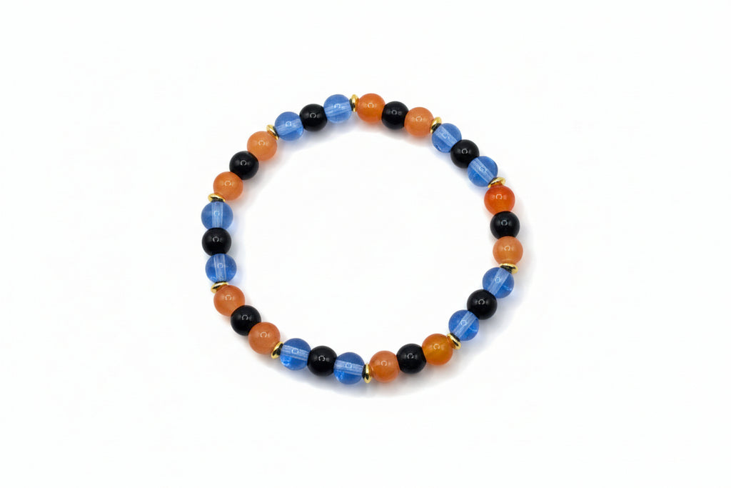 Tiny Dart Frog glass bead bracelet with bright blue orange black beads handmade by Crafty Queens
