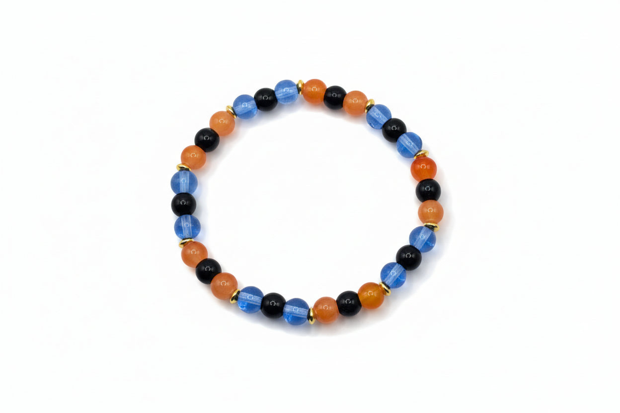 Tiny Dart Frog glass bead bracelet with bright blue orange black beads handmade by Crafty Queens
