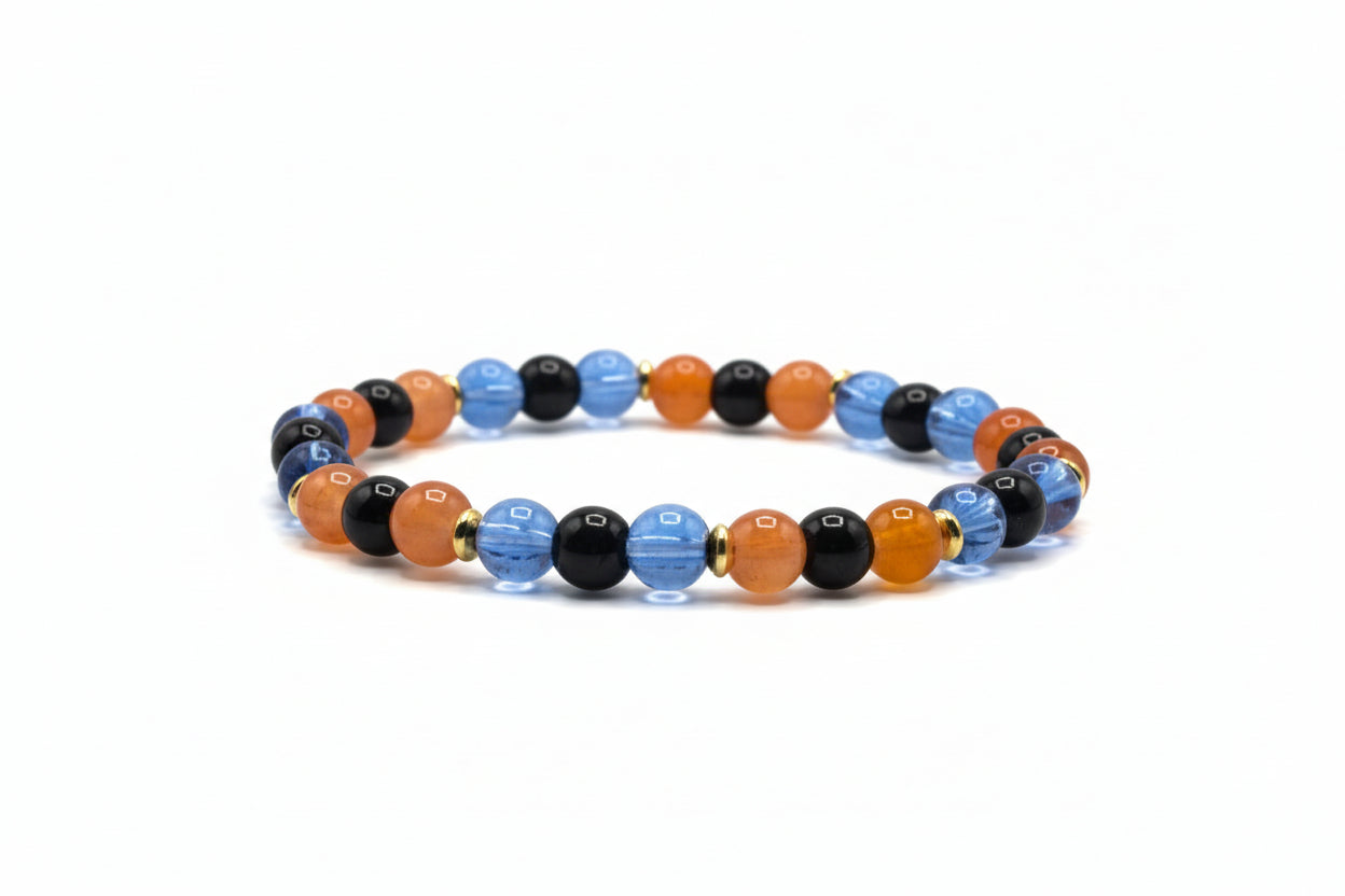 Tiny Dart Frog glass bead bracelet with bright blue orange black beads handmade by Crafty Queens