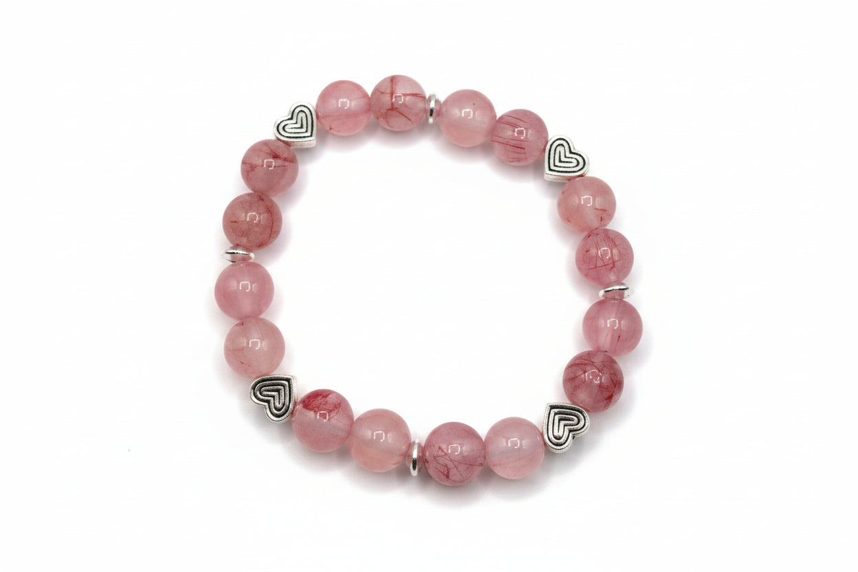 Blush Serenity pink Persian Jade natural gemstone bracelet with heart charms handmade by Crafty Queens