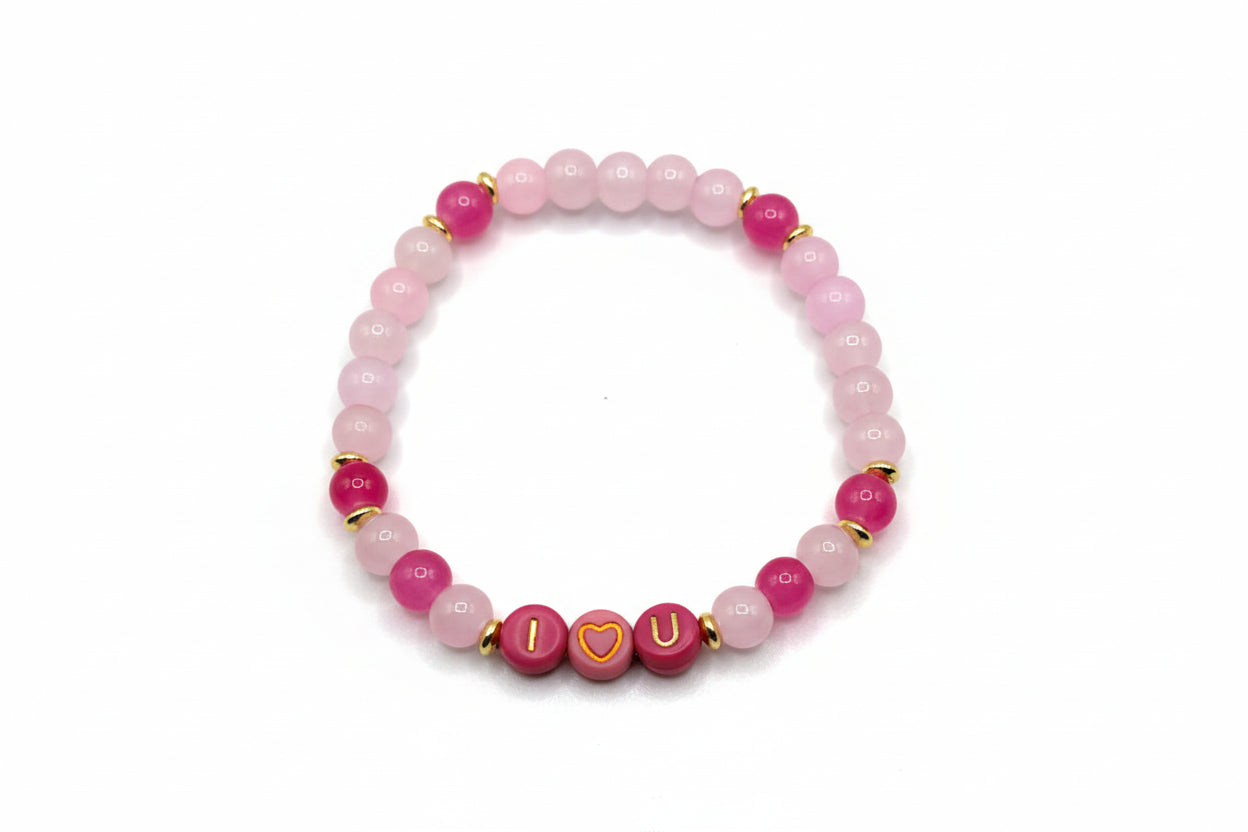 Mini Love Note pink glass bead bracelet with letter beads handmade by Crafty Queens