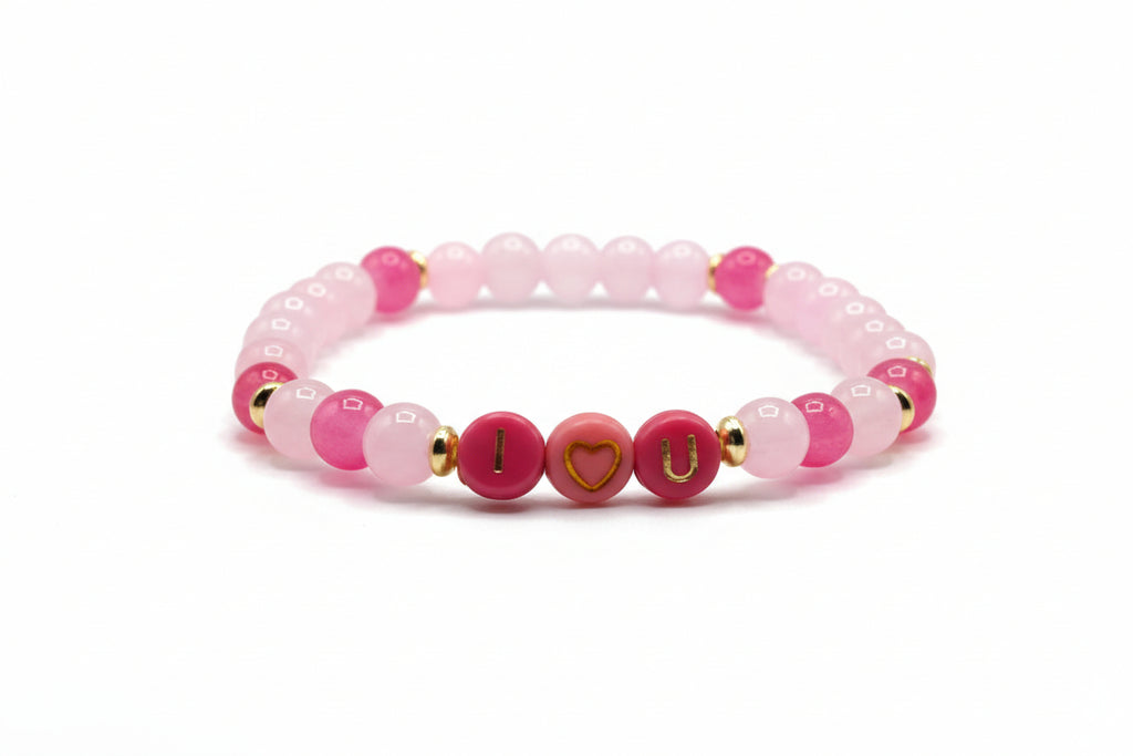 Mini Love Note pink glass bead bracelet with letter beads handmade by Crafty Queens
