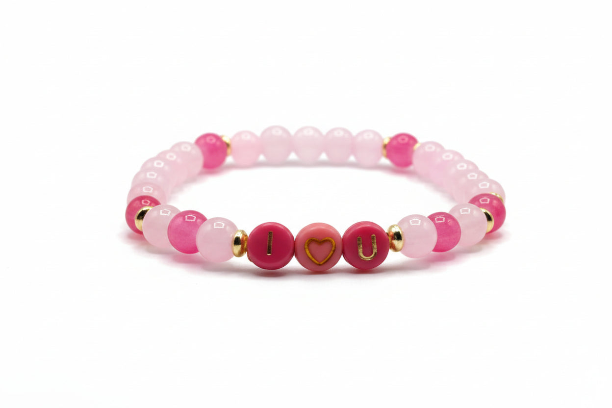 Mini Love Note pink glass bead bracelet with letter beads handmade by Crafty Queens