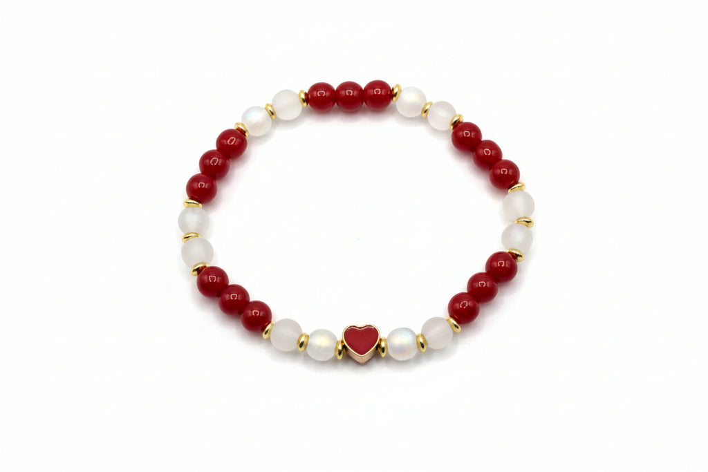 True Heart red white glass bead bracelet with heart charm handmade by Crafty Queens