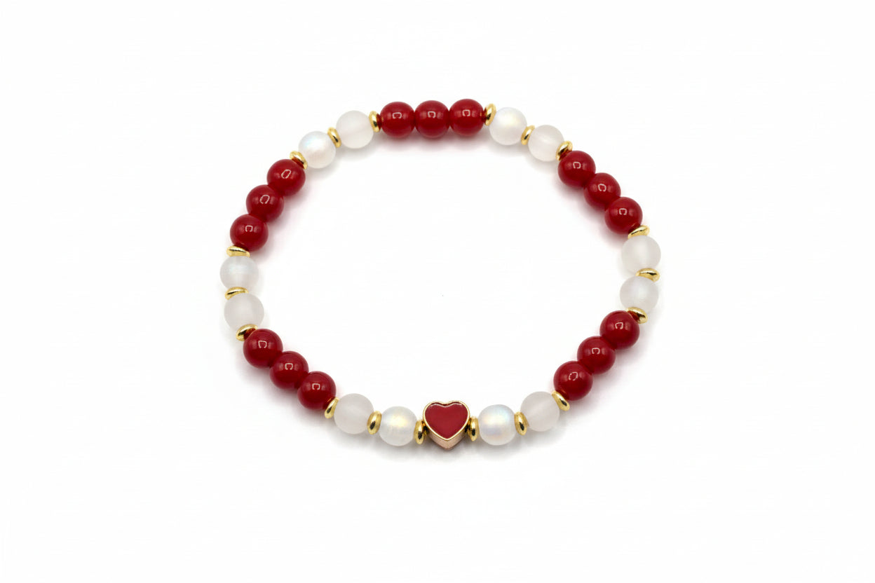 True Heart red white glass bead bracelet with heart charm handmade by Crafty Queens