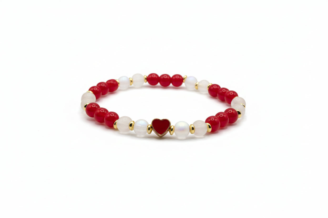 True Heart red white glass bead bracelet with heart charm handmade by Crafty Queens