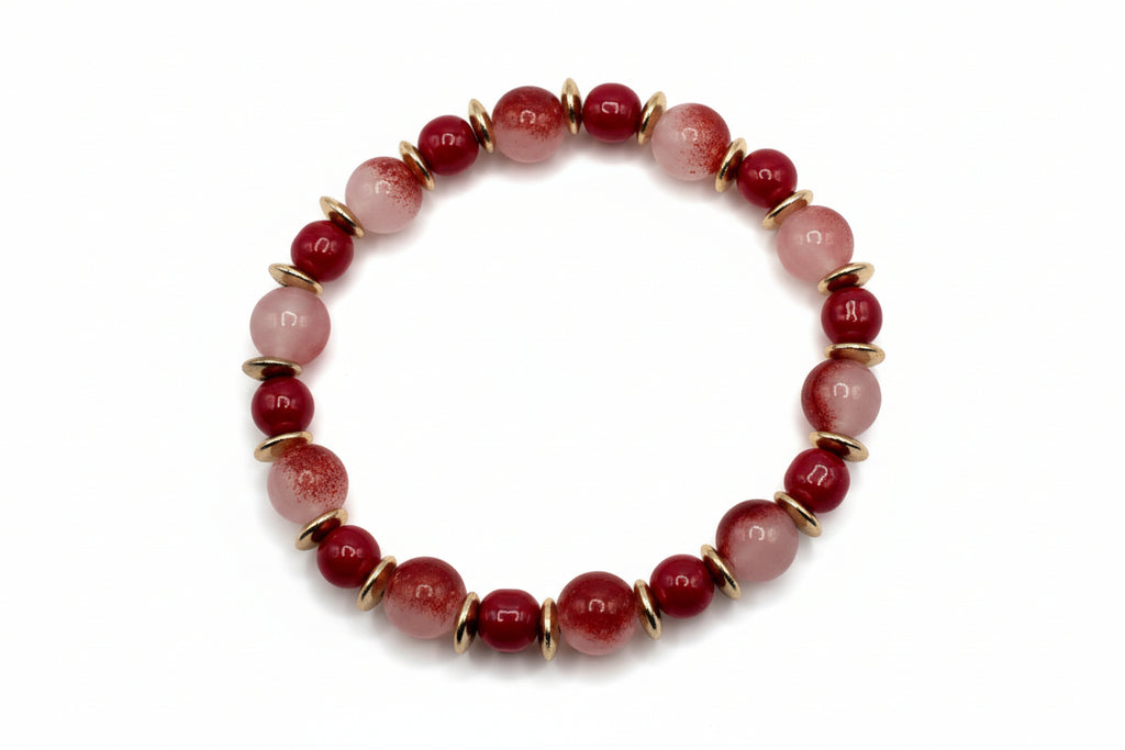 Crimson Belle red glass bead bracelet with golden spacers handmade by Crafty Queens