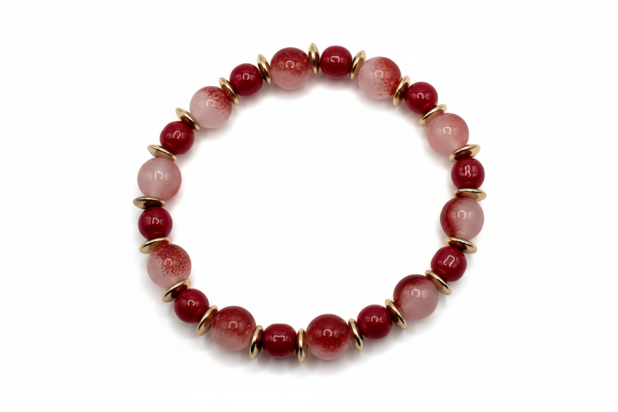 Crimson Belle red glass bead bracelet with golden spacers handmade by Crafty Queens