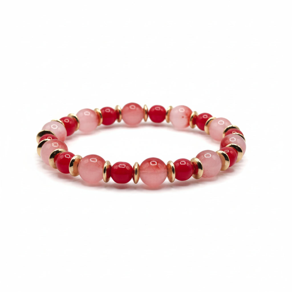 Crimson Belle red glass bead bracelet with golden spacers handmade by Crafty Queens