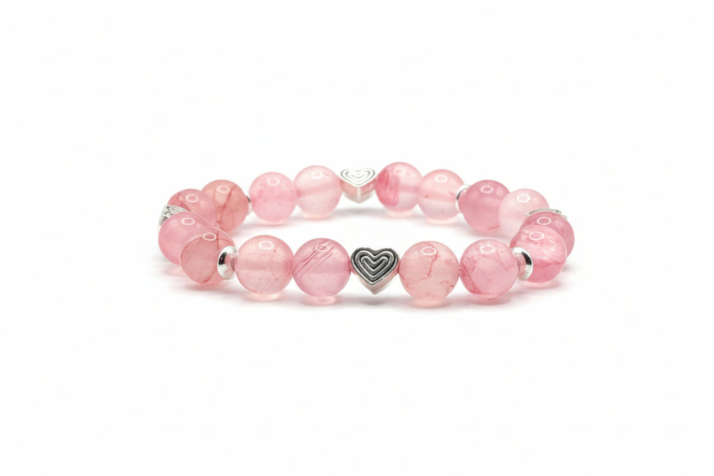 Blush Serenity pink Persian Jade natural gemstone bracelet with heart charms handmade by Crafty Queens