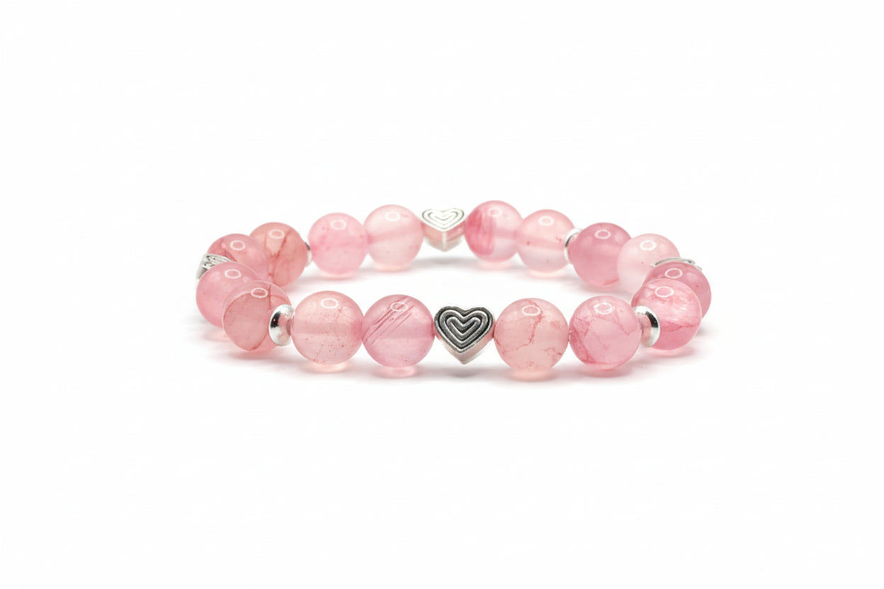 Blush Serenity pink Persian Jade natural gemstone bracelet with heart charms handmade by Crafty Queens