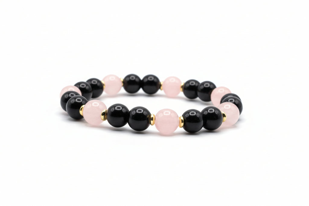Midnight Blush black pink glass bead bracelet handmade by Crafty Queens