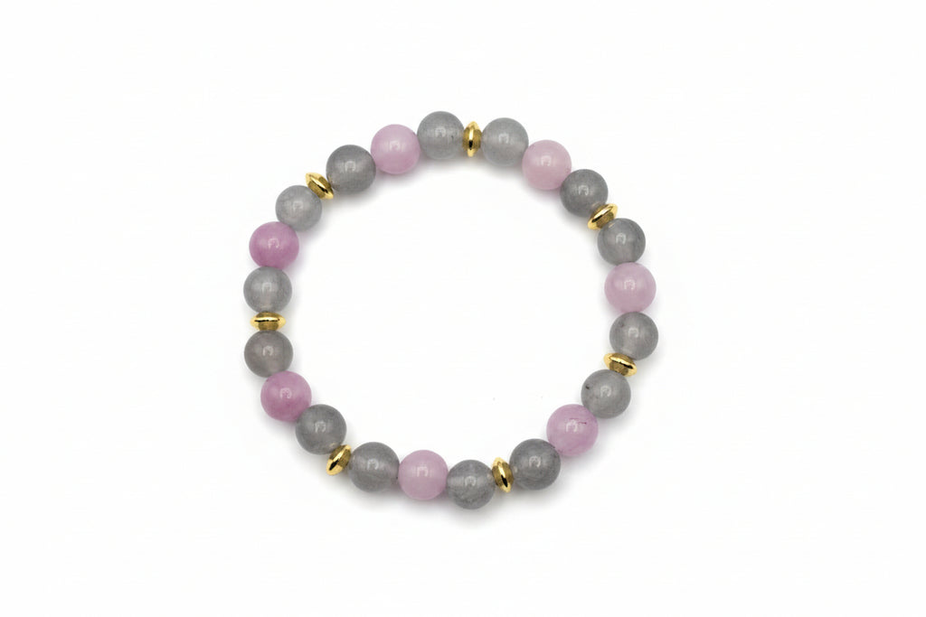 Cloudstone Blush gray Chalcedony pink Kunzite natural gemstone bracelet with gold spacers handmade by Crafty Queens
