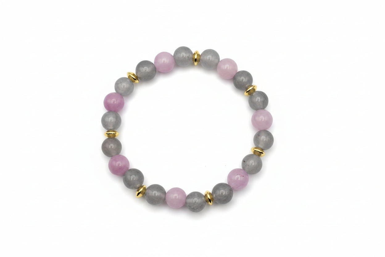 Cloudstone Blush gray Chalcedony pink Kunzite natural gemstone bracelet with gold spacers handmade by Crafty Queens