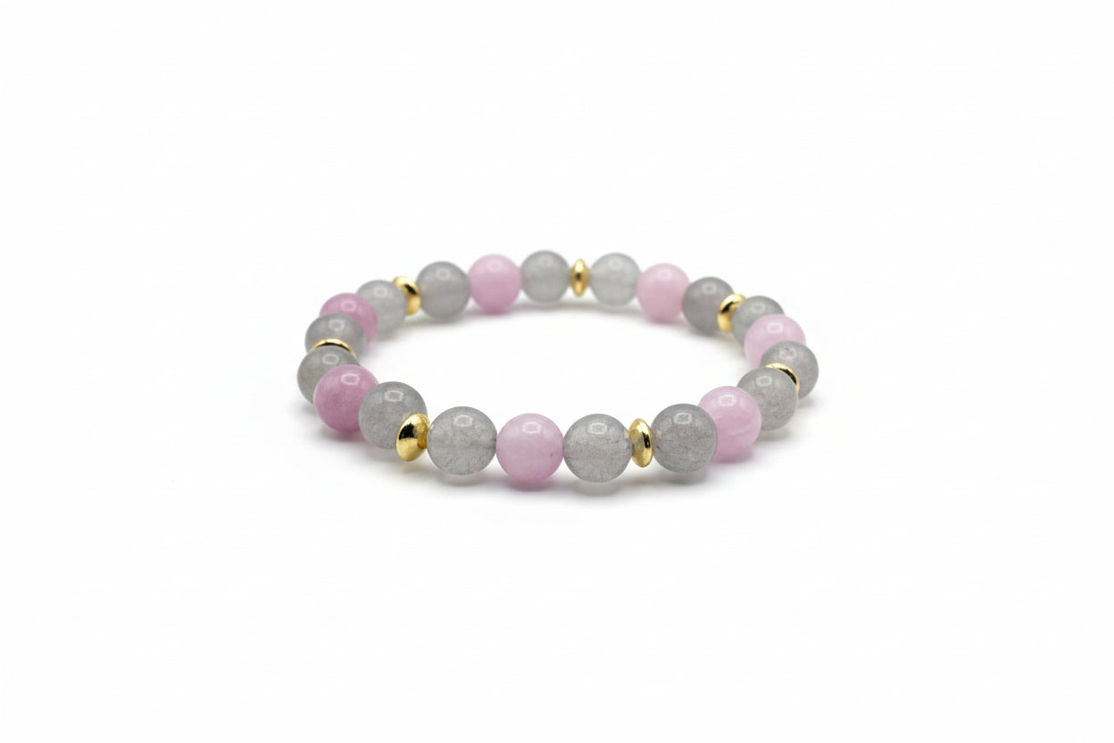 Cloudstone Blush gray Chalcedony pink Kunzite natural gemstone bracelet with gold spacers handmade by Crafty Queens