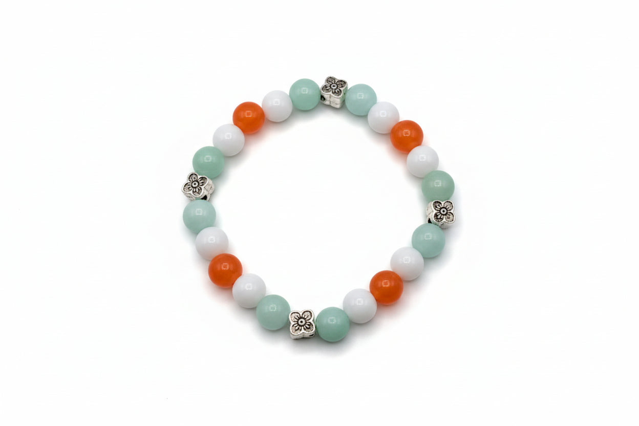 Minty Blossom Joy orange Jasper white Agate teal Amazonite natural gemstone bracelet with silver plum blossom spacers handmade by Crafty Queens
