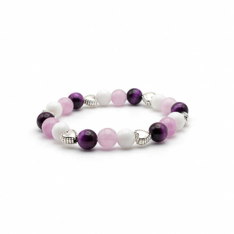 Plum Promise purple tiger's eye pink kunzite white agate natural gemstone bracelet with heart charms handmade by Crafty Queens
