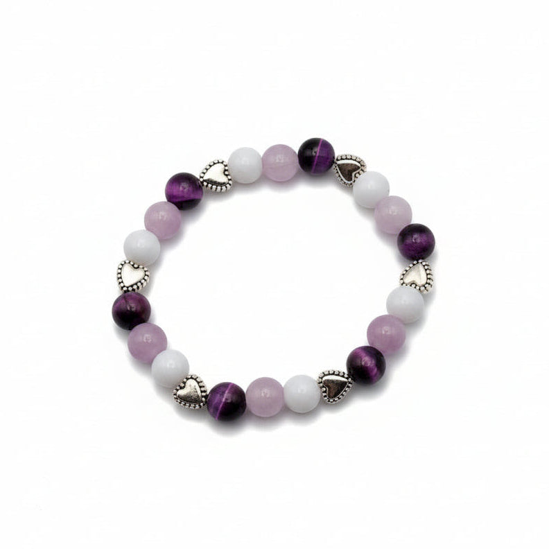Plum Promise purple tiger's eye pink kunzite white agate natural gemstone bracelet with heart charms handmade by Crafty Queens