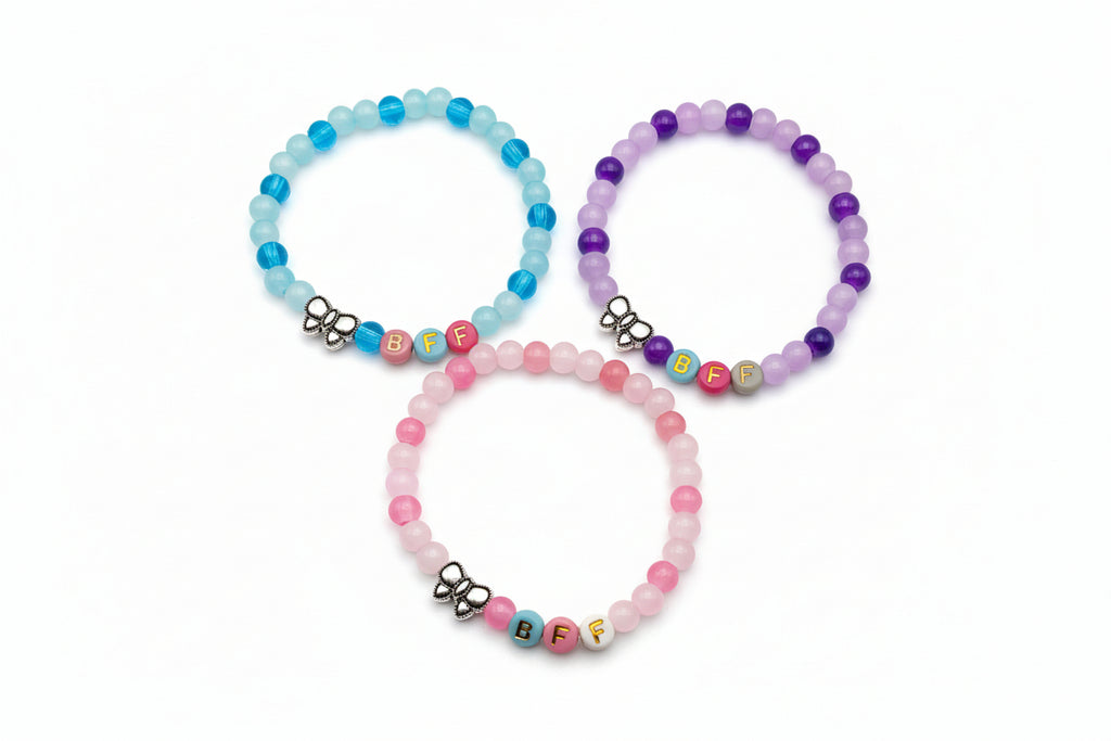 Three-piece BFF friendship bracelet set with 6mm pastel glass beads, colorful letter beads, and metal bow charms designed for girls and friendship gift sharing