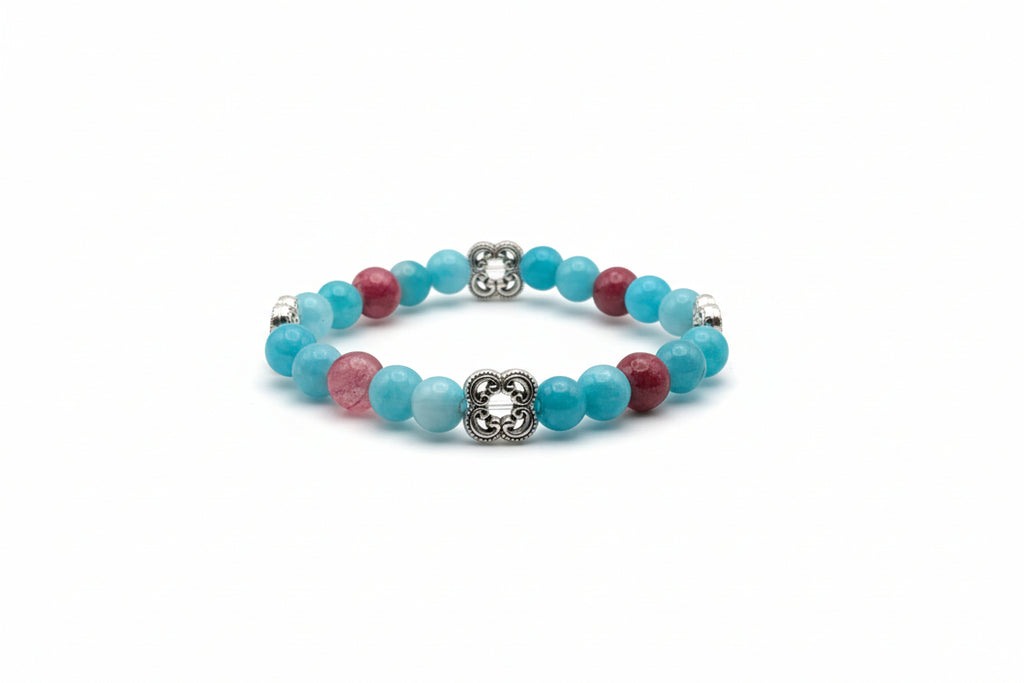 Aqua Bloom blue Amazonite pink Persian Jade natural gemstone bracelet with silver flower charms handmade by Crafty Queens
