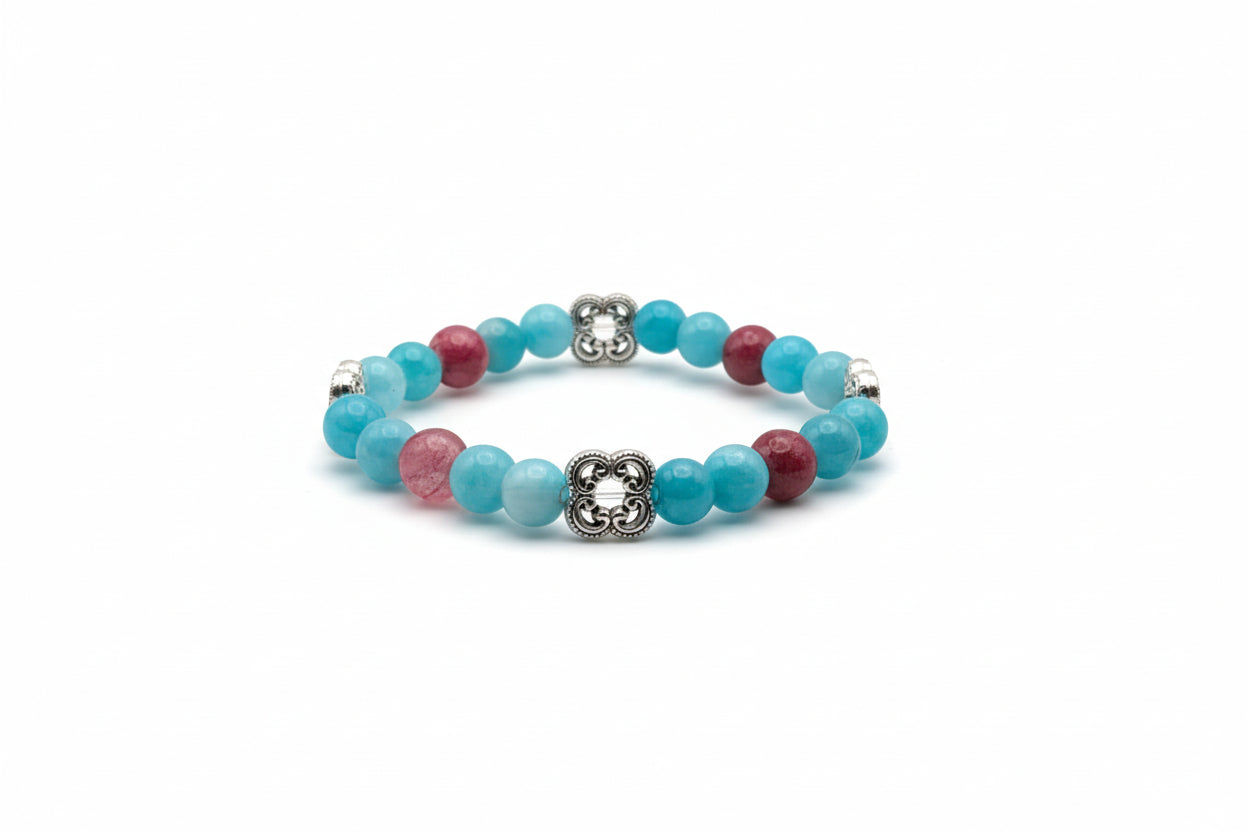 Aqua Bloom blue Amazonite pink Persian Jade natural gemstone bracelet with silver flower charms handmade by Crafty Queens