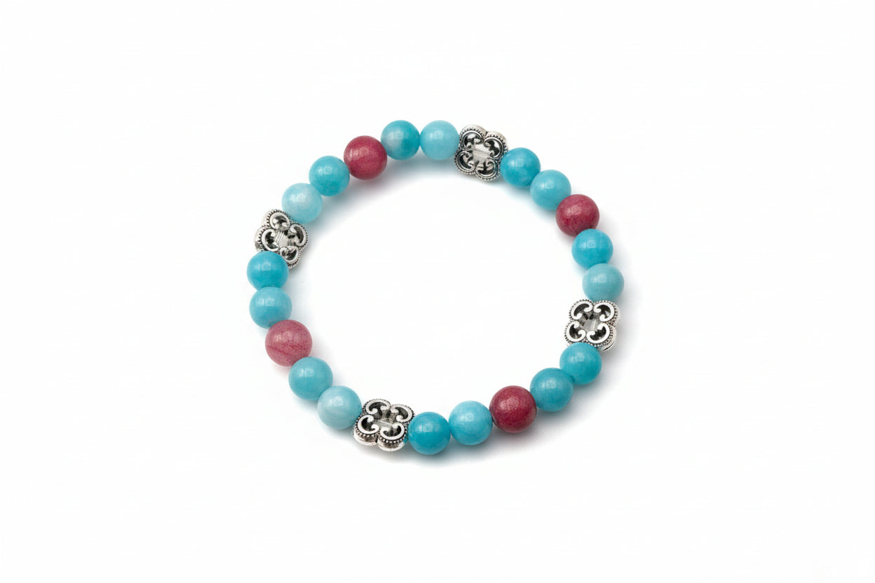 Aqua Bloom blue Amazonite pink Persian Jade natural gemstone bracelet with silver flower charms handmade by Crafty Queens