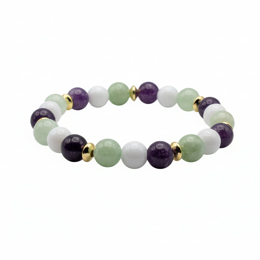 Handmade natural gemstone beaded bracelet with 8mm amethyst, white agate, and Burma green stones accented with gold spacer beads