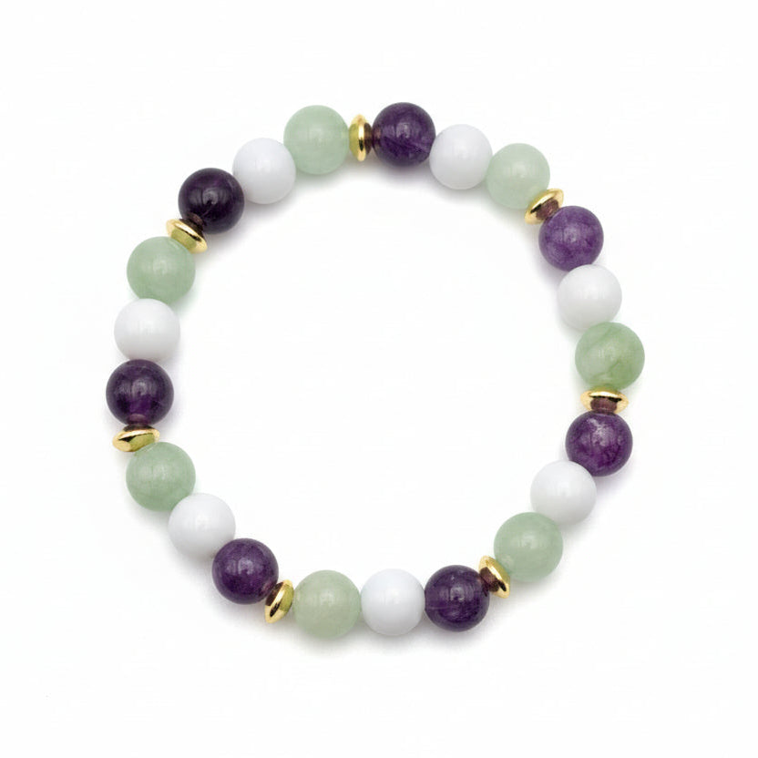 Handmade natural gemstone beaded bracelet with 8mm amethyst, white agate, and Burma green stones accented with gold spacer beads