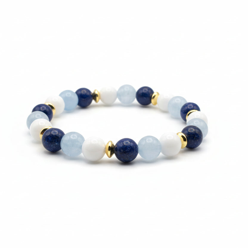 8mm lapis lazuli, aquamarine, and white agate natural gemstone beaded bracelet with golden spacers handmade by Crafty Queens
