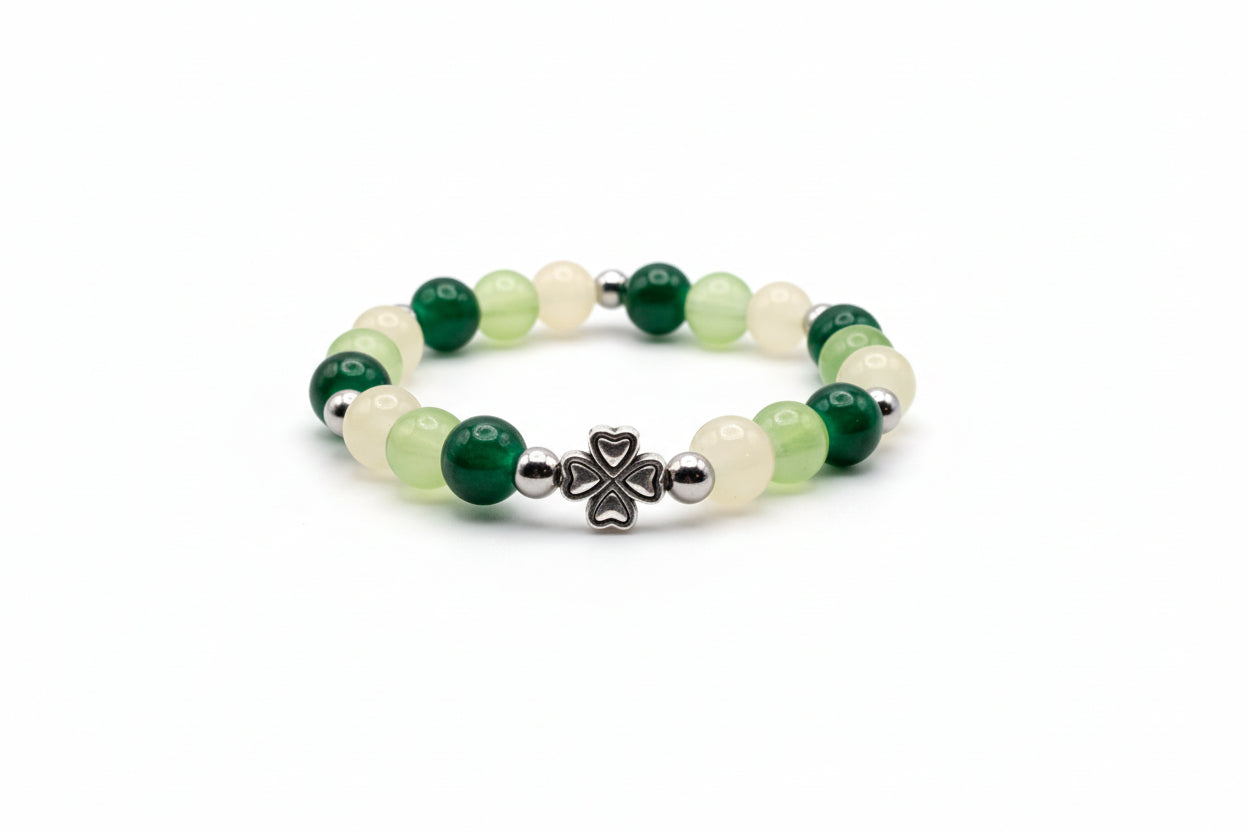 8mm green and ivory glass beaded bracelet with silver spacers and four-leaf clover charm handmade by Crafty Queens