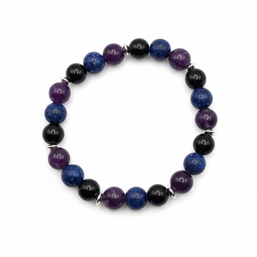 Handmade 8mm natural gemstone beaded bracelet with black obsidian, lapis lazuli, and amethyst beads separated by silver spacer beads
