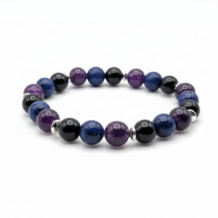 Handmade 8mm natural gemstone beaded bracelet with black obsidian, lapis lazuli, and amethyst beads separated by silver spacer beads
