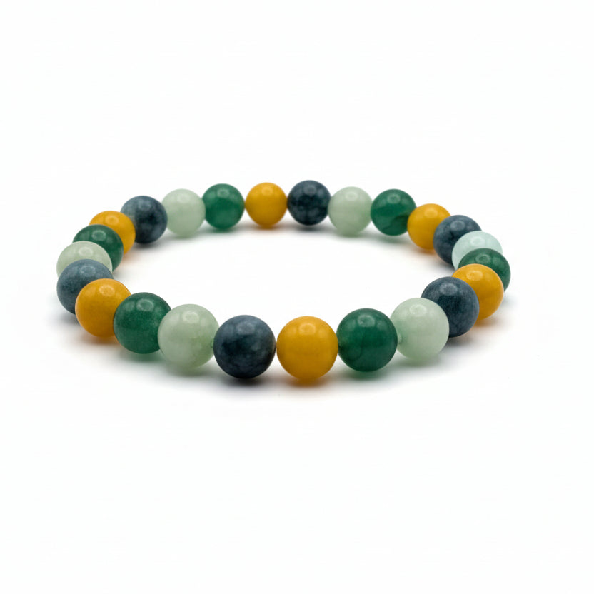 Handmade 8mm natural gemstone beaded bracelet with aventurine, yellow jasper, and Burma green tones
