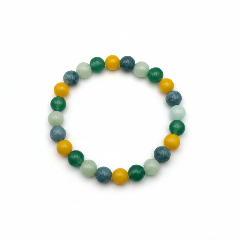 Handmade 8mm natural gemstone beaded bracelet with aventurine, yellow jasper, and Burma green tones