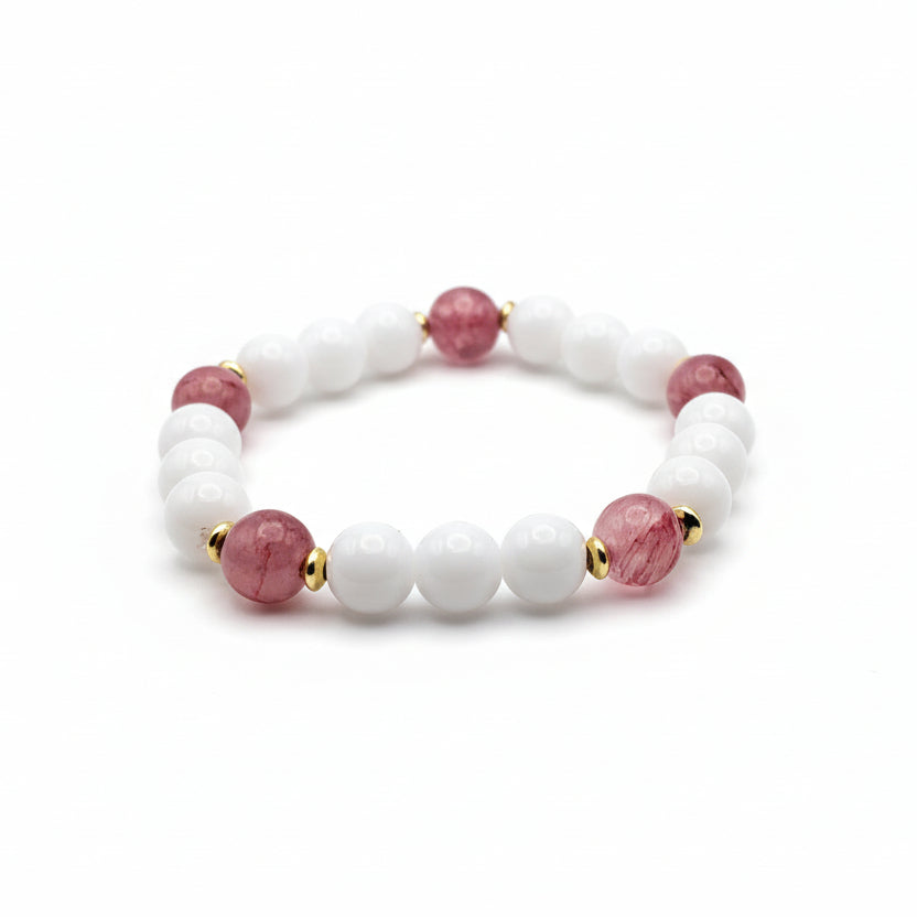 Handmade 8mm natural gemstone beaded bracelet with white agate, pink Persian jade tones, and gold spacer beads