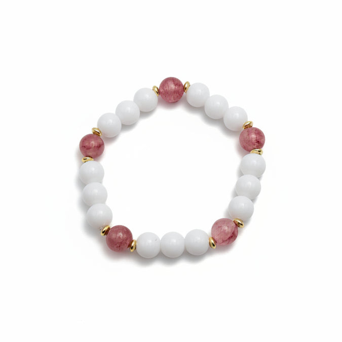 Handmade 8mm natural gemstone beaded bracelet with white agate, pink Persian jade tones, and gold spacer beads
