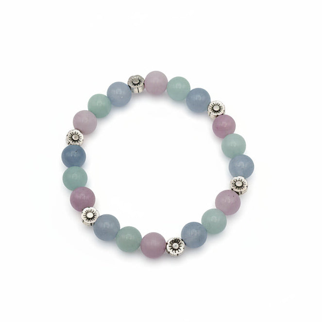 Handmade 8mm natural gemstone beaded bracelet with kunzite, blue and green aquamarine tones, and flower-shaped metal spacers