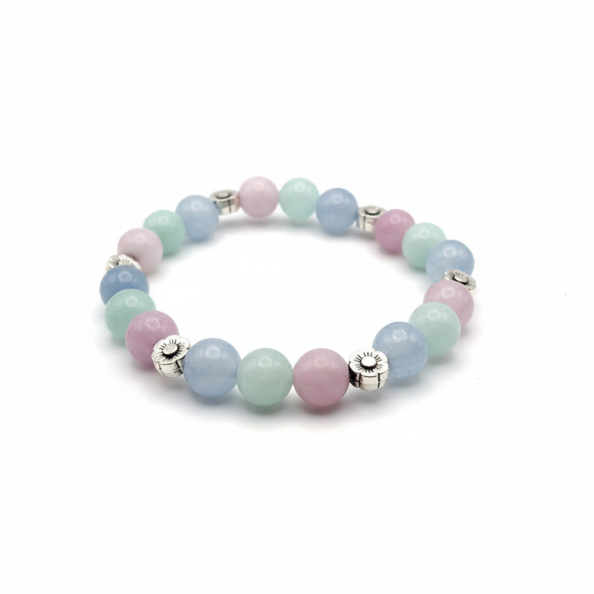 Handmade 8mm natural gemstone beaded bracelet with kunzite, blue and green aquamarine tones, and flower-shaped metal spacers