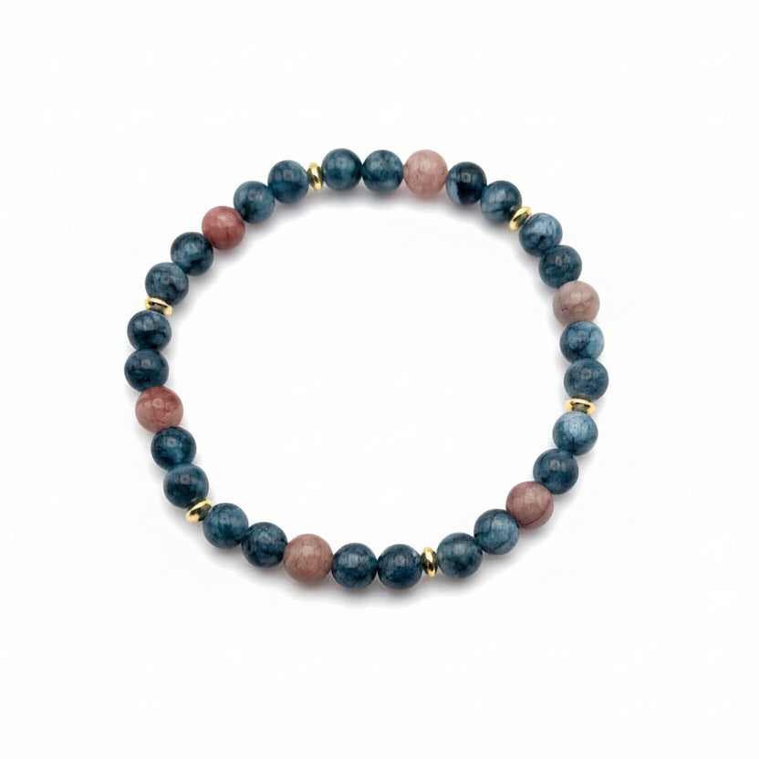 Handmade 6mm natural gemstone beaded bracelet with deep green chalcedony, brown agate beads, and gold spacer accents