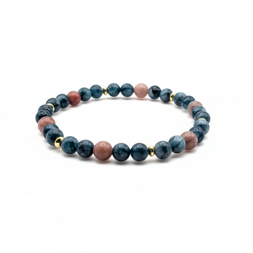 Handmade 6mm natural gemstone beaded bracelet with deep green chalcedony, brown agate beads, and gold spacer accents